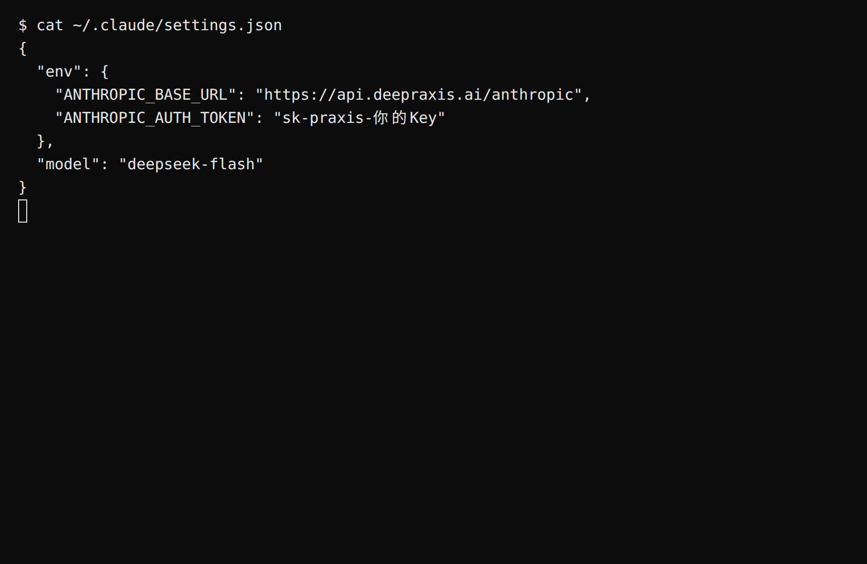 终端里查看 ~/.claude/settings.json 的实际内容