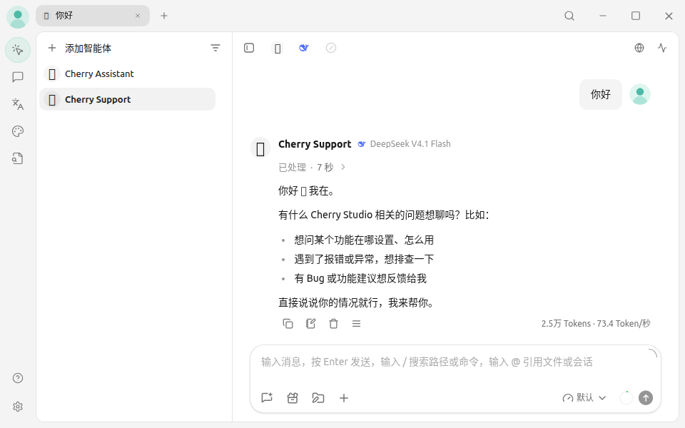 对话页收到第一条回复：模型选择器显示 DeepSeek V4.1 Flash | Praxis